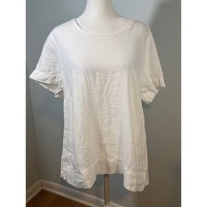 FLAX I Am Forever Young Linen Top S White NWT Short Sleeve Side Slits Lithuania